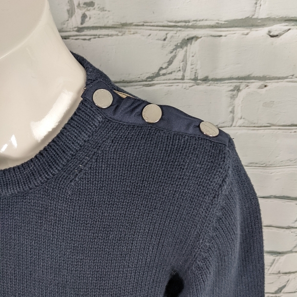 Burberry sweater dark navy blue long crew neck jumper shoulder snaps small fit - Picture 7 of 9